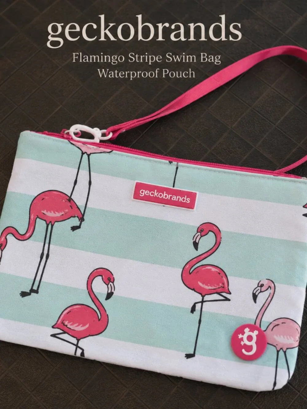 geckobrands Flamingo Stripe Swim Bag Waterproof Wet Dry Wristlet Coastal Preppy